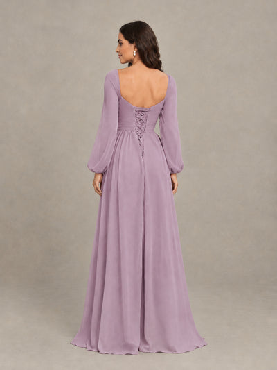 BOLODOO Dusty Purple Long Sleeve Chiffon Bridesmaid Dress with Slit - Dusty Purple - Dusty Purple (2)