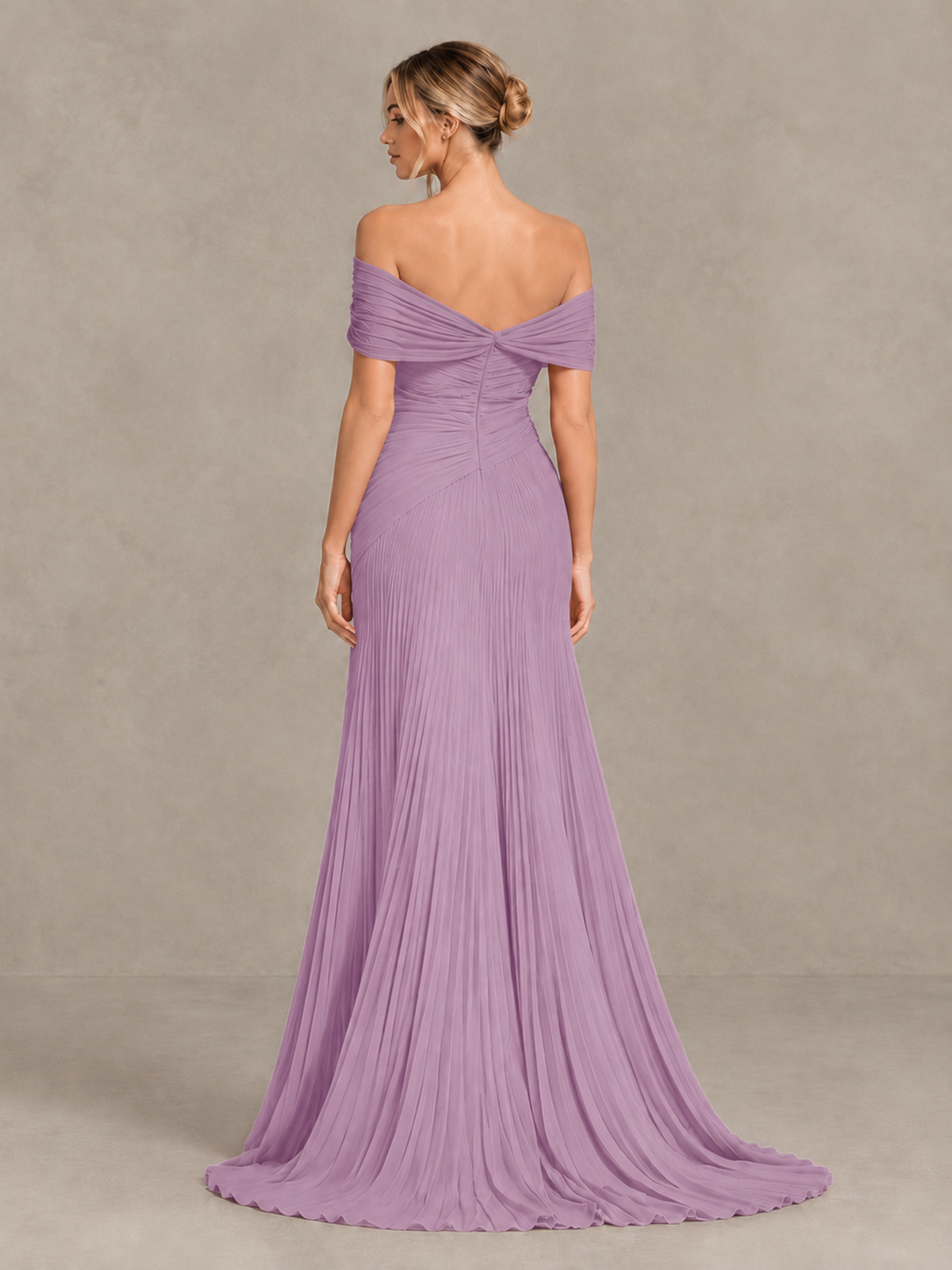 BOLODOO Dusty Purple Off-Shoulder Ruched Pleated Maxi Dress with High Slit - Dusty Purple - Dusty Purple (2)