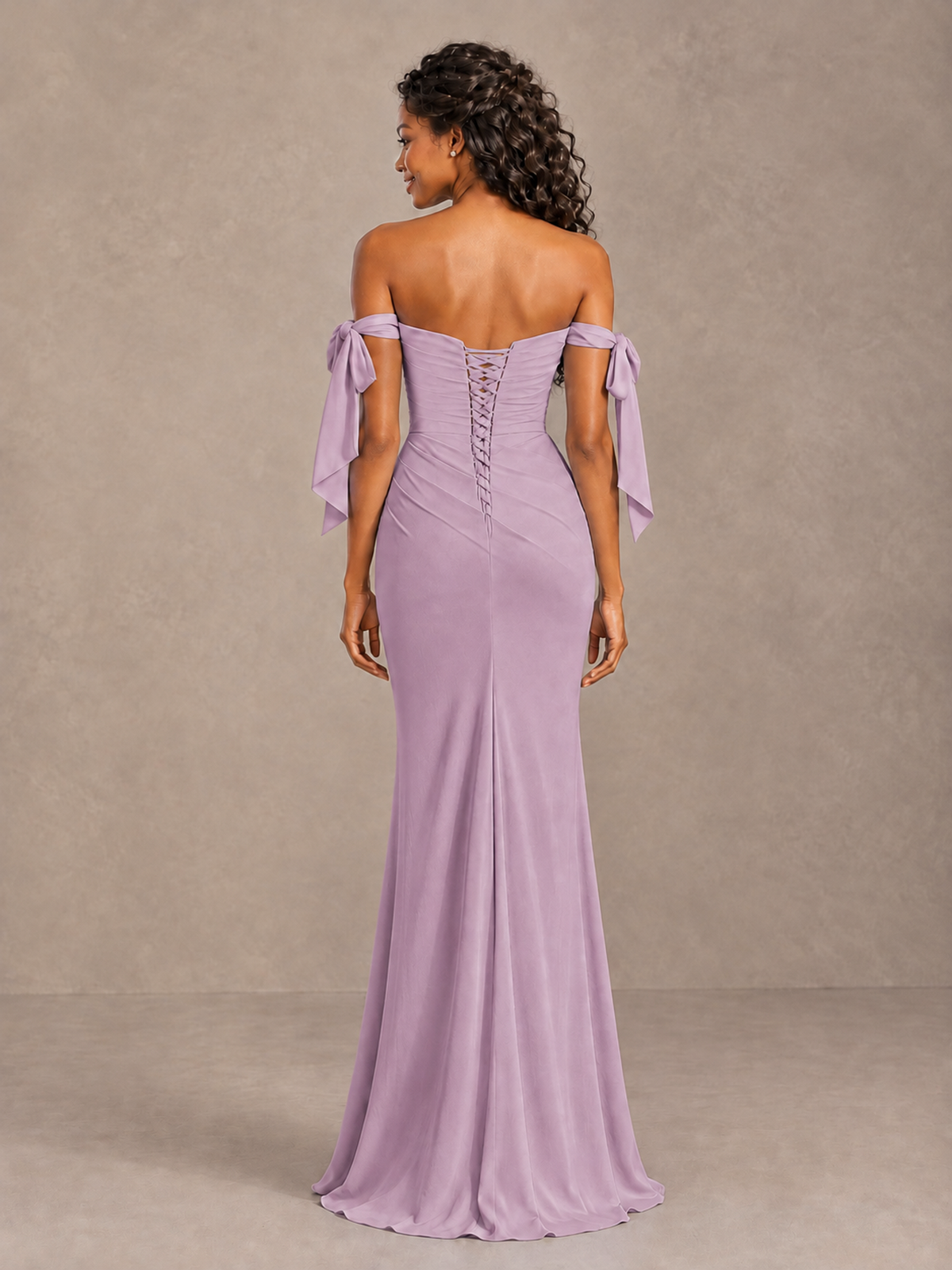 Dusty Purple Off-Shoulder Bow Bridesmaid Dress with Slit - Dusty Purple - Dusty Purple (2)