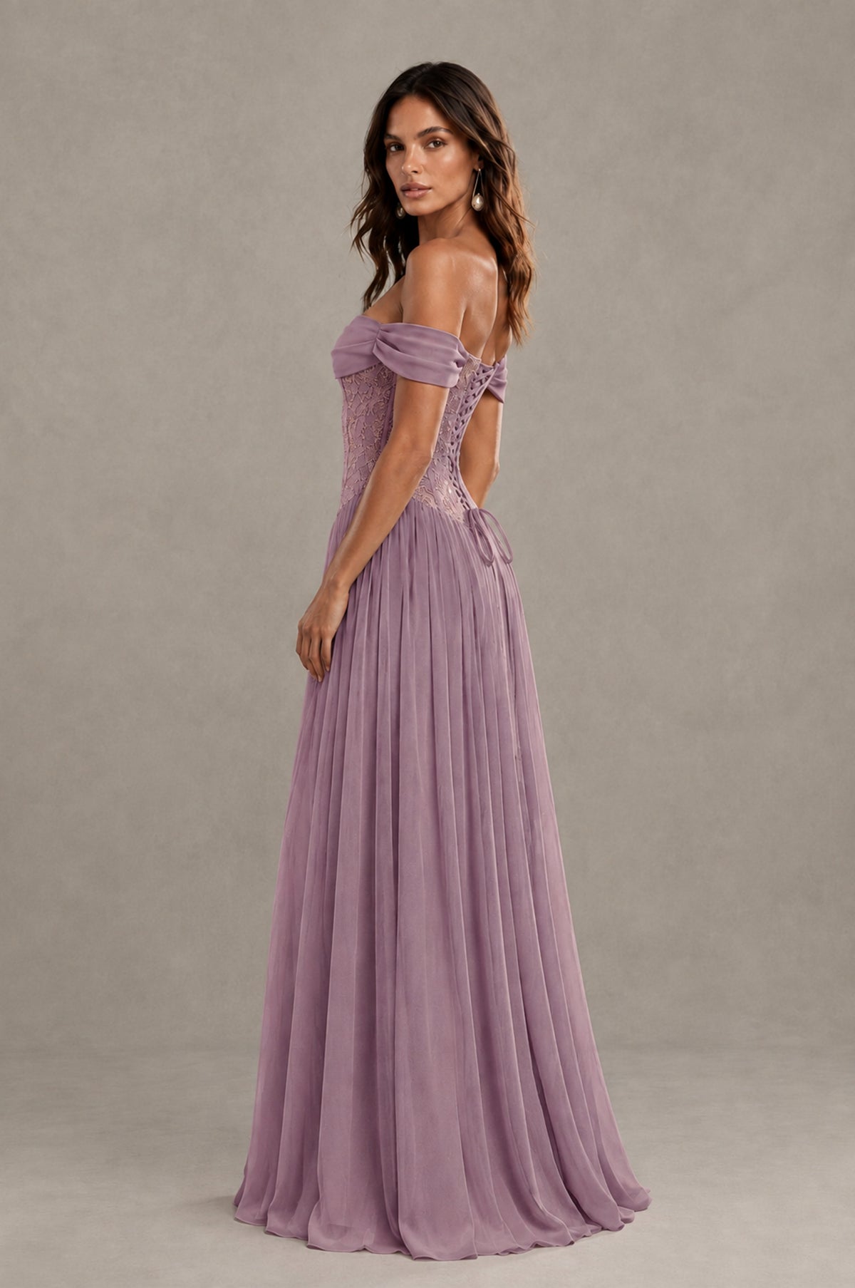 BOLODOO Dusty Purple Off-Shoulder Lace Corset Tulle Maxi Dress - Dusty Purple - Dusty Purple (2)