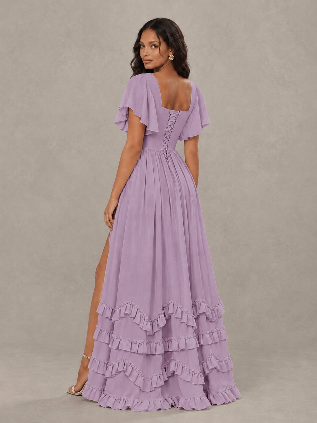 BOLODOO Dusty Purple V-Neck Flutter Sleeve Ruffle Bridesmaid Dress with Slit - Dusty Purple - Dusty Purple (2)