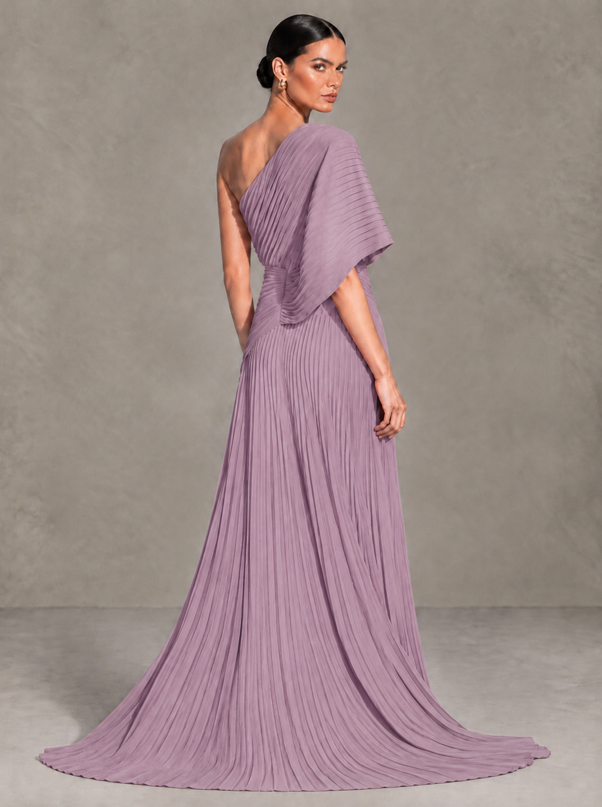 BOLODOO Dusty Purple One-Shoulder Pleated Cape Evening Gown with Train - Dusty Purple - Dusty Purple (2)
