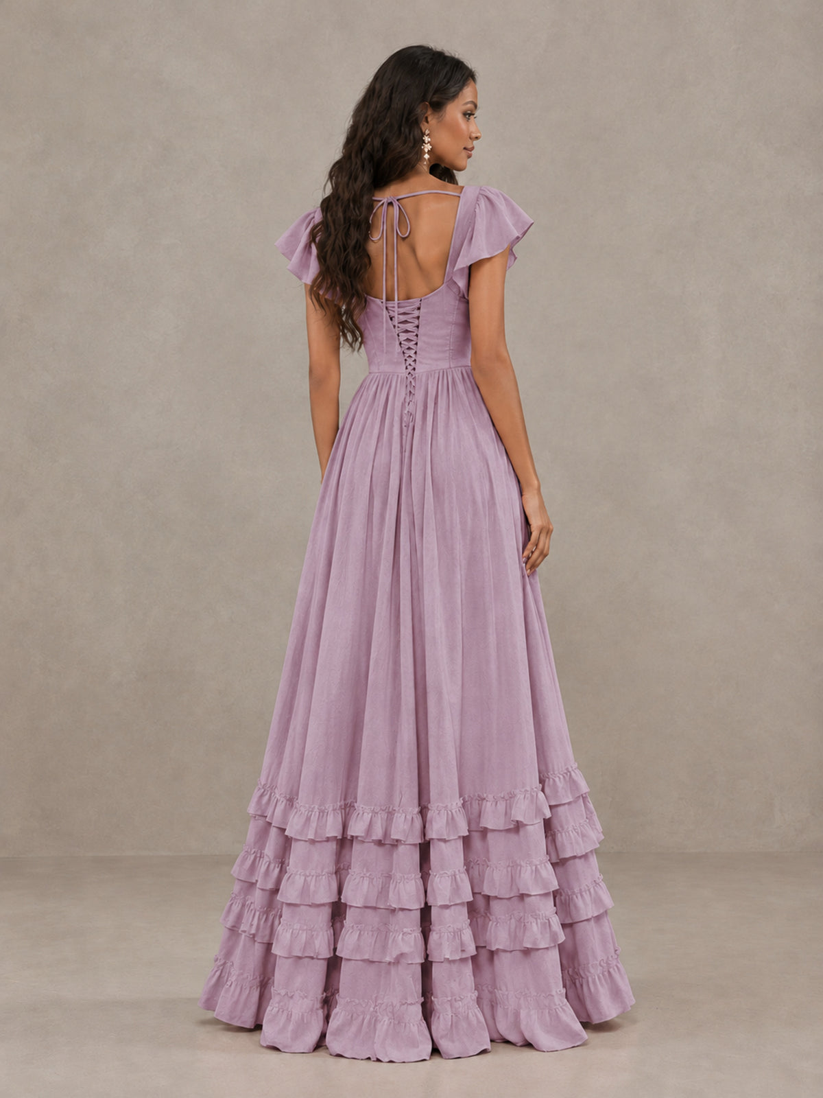 BOLODOO Dusty Purple Flutter Sleeve Ruffle Bridesmaid Dress with Slit - Dusty Purple - Dusty Purple (2)