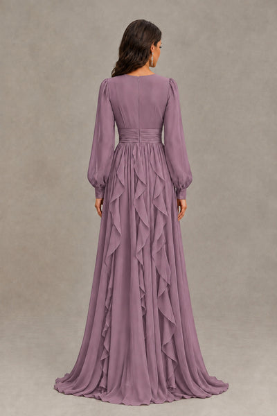 BOLODOO Dusty Purple Long Sleeve V-Neck Ruffle Maxi Dress - Dusty Purple - Dusty Purple (3)
