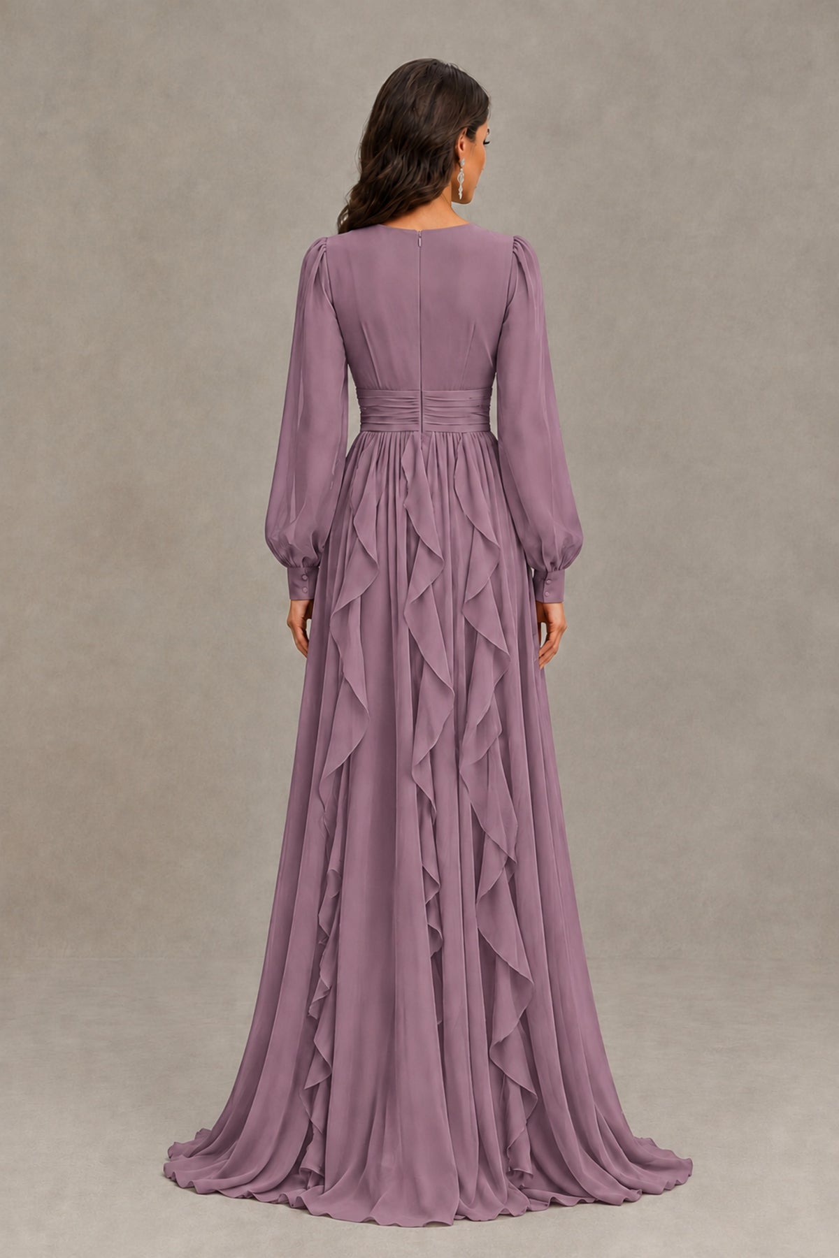 BOLODOO Dusty Purple Long Sleeve V-Neck Ruffle Maxi Dress - Dusty Purple - Dusty Purple (3)