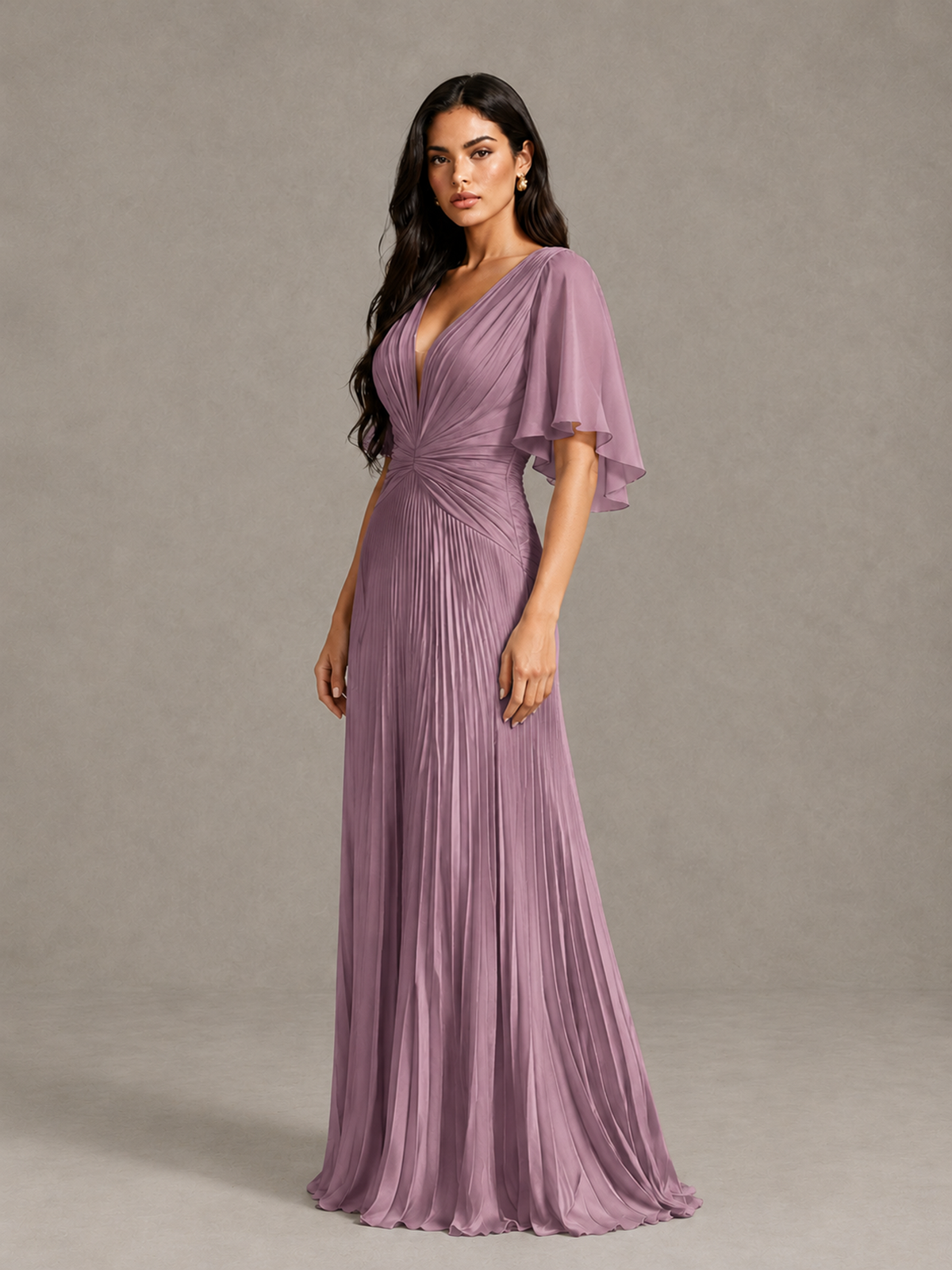 BOLODOO Dusty Purple Pleated V-Neck Flutter Sleeve Bridesmaid Dress - Dusty Purple - Dusty Purple (3)