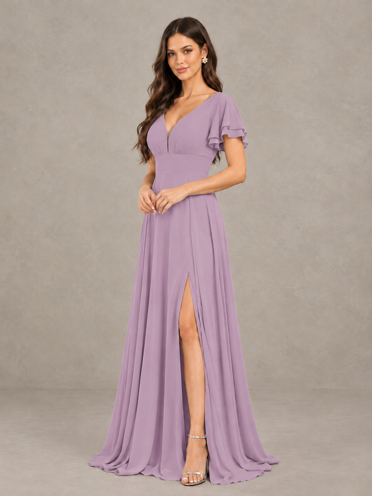 BOLODOO Dusty Purple Flutter Sleeve Chiffon A-Line Maxi Bridesmaid Dress with Open Back & Slit - Dusty Purple - Dusty Purple (3)