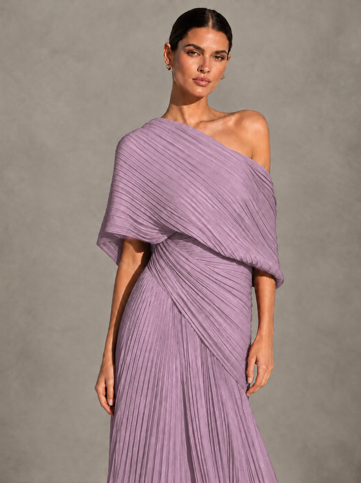 BOLODOO Dusty Purple One-Shoulder Pleated Cape Evening Gown with Train - Dusty Purple - Dusty Purple (3)
