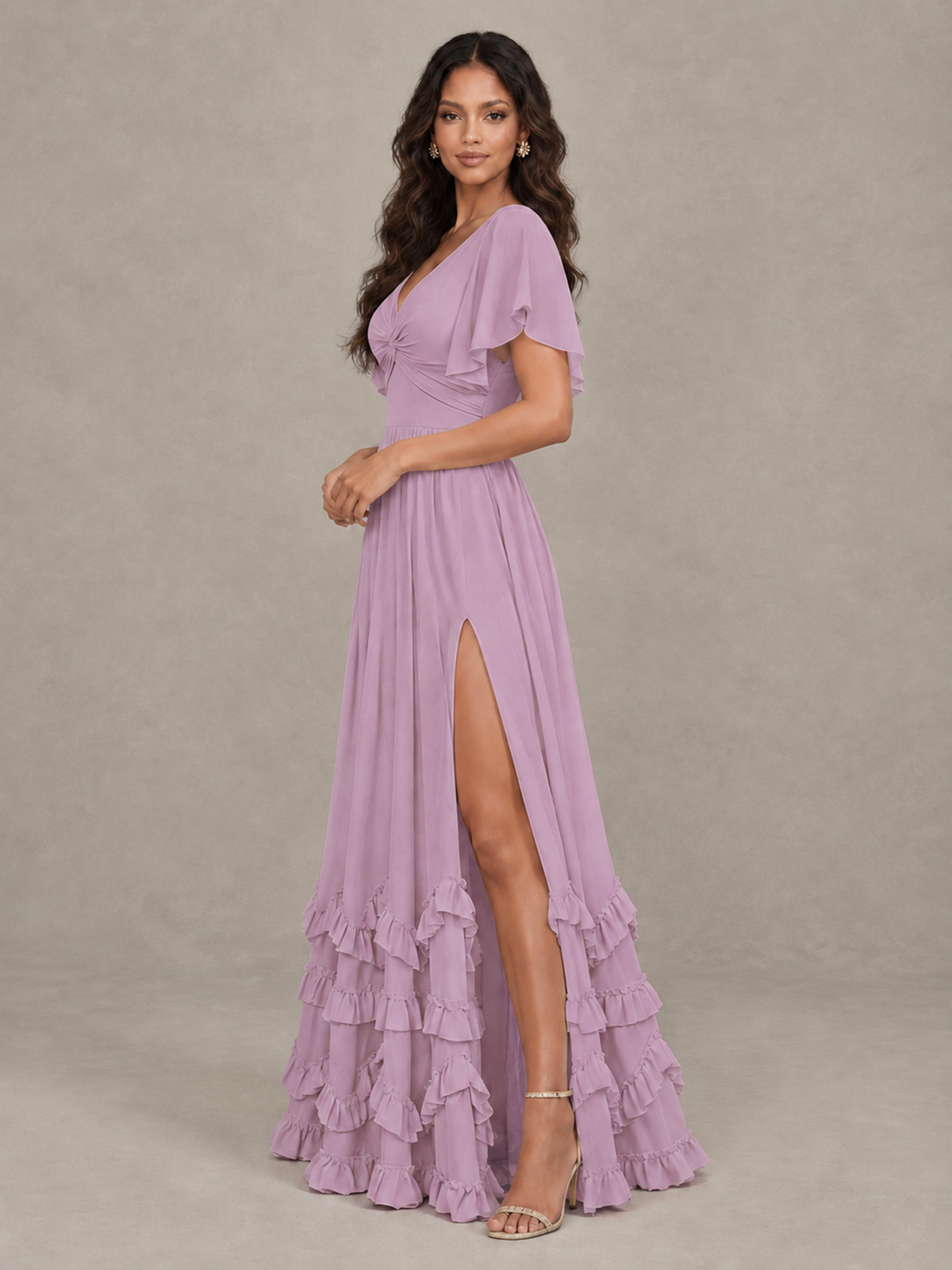 BOLODOO Dusty Purple V-Neck Flutter Sleeve Ruffle Bridesmaid Dress with Slit - Dusty Purple - Dusty Purple (3)