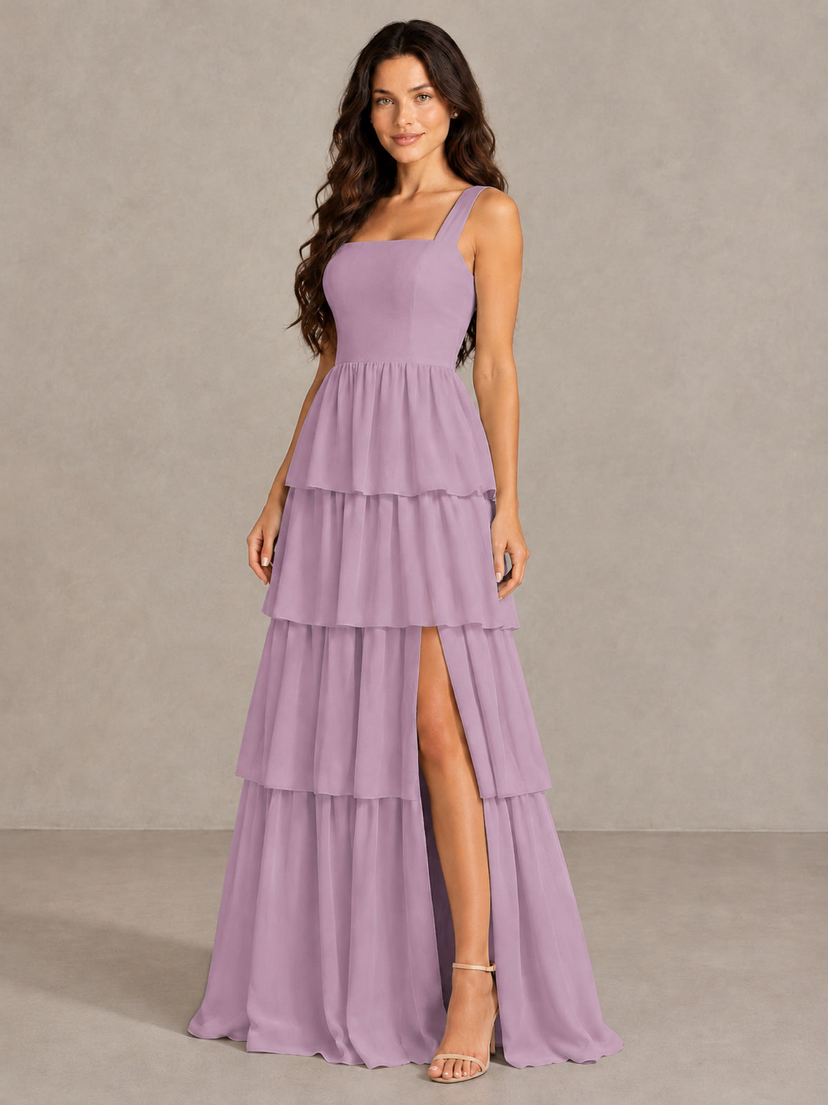 BOLODOO Dusty Purple Square Neck Tiered Bridesmaid Dress with Slit - Dusty Purple - Dusty Purple (3)
