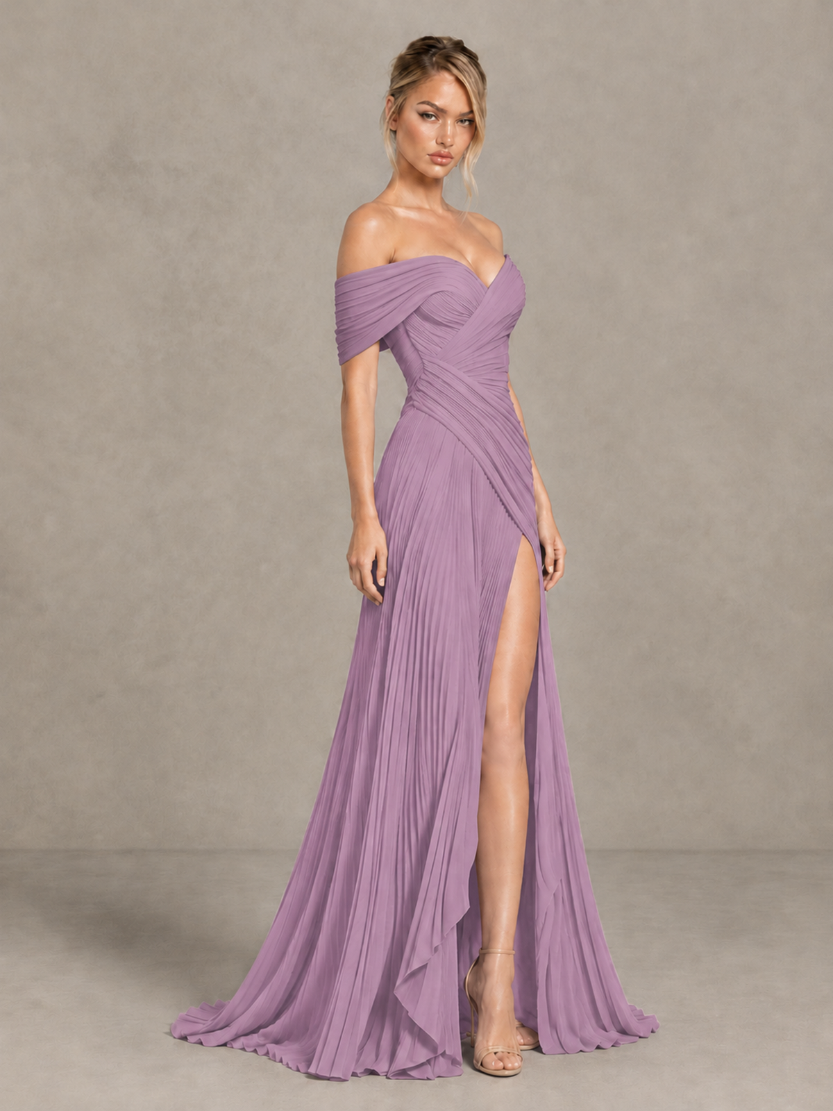 BOLODOO Dusty Purple Off-Shoulder Ruched Pleated Maxi Dress with High Slit - Dusty Purple - Dusty Purple (3)