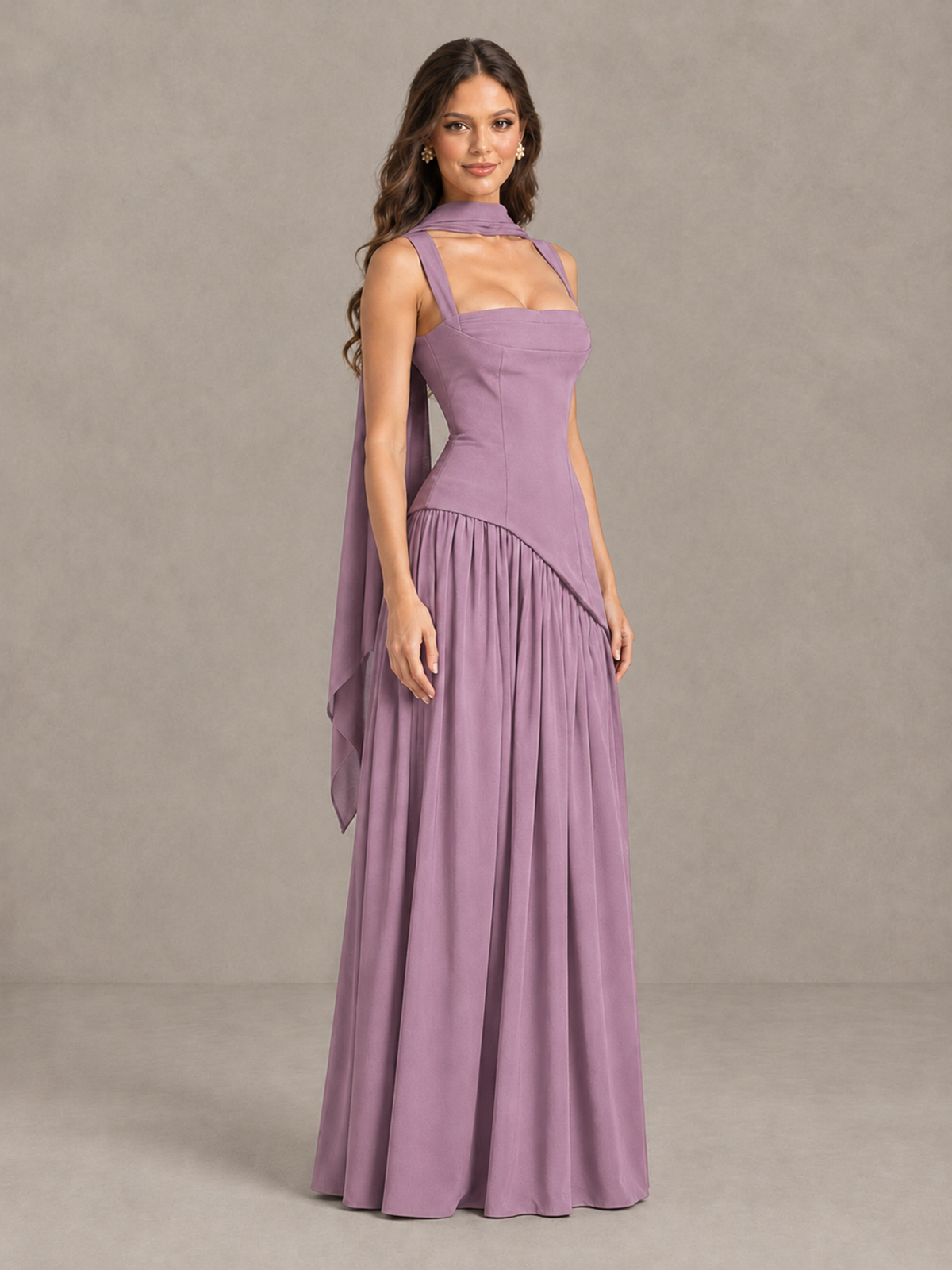 BOLODOO Dusty Purple Brown Scarf Bridesmaid Dress with Lace-Up Back - Dusty Purple - Dusty Purple (3)