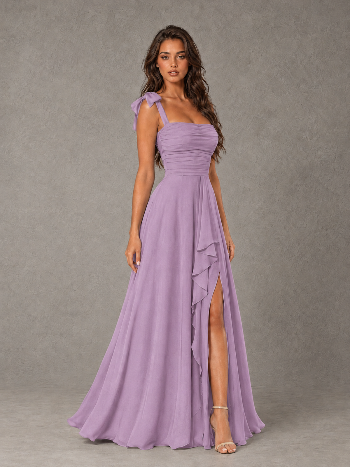 BOLODOO Dusty Purple Bow-Strap Bridesmaid Dress with Ruffle Slit - Dusty Purple - Dusty Purple (3)