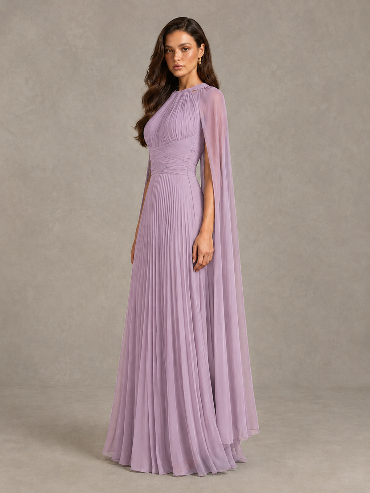BOLODOO Dusty Purple Pleated Cape Maxi Wedding Guest Dress - Dusty Purple - Dusty Purple (3)