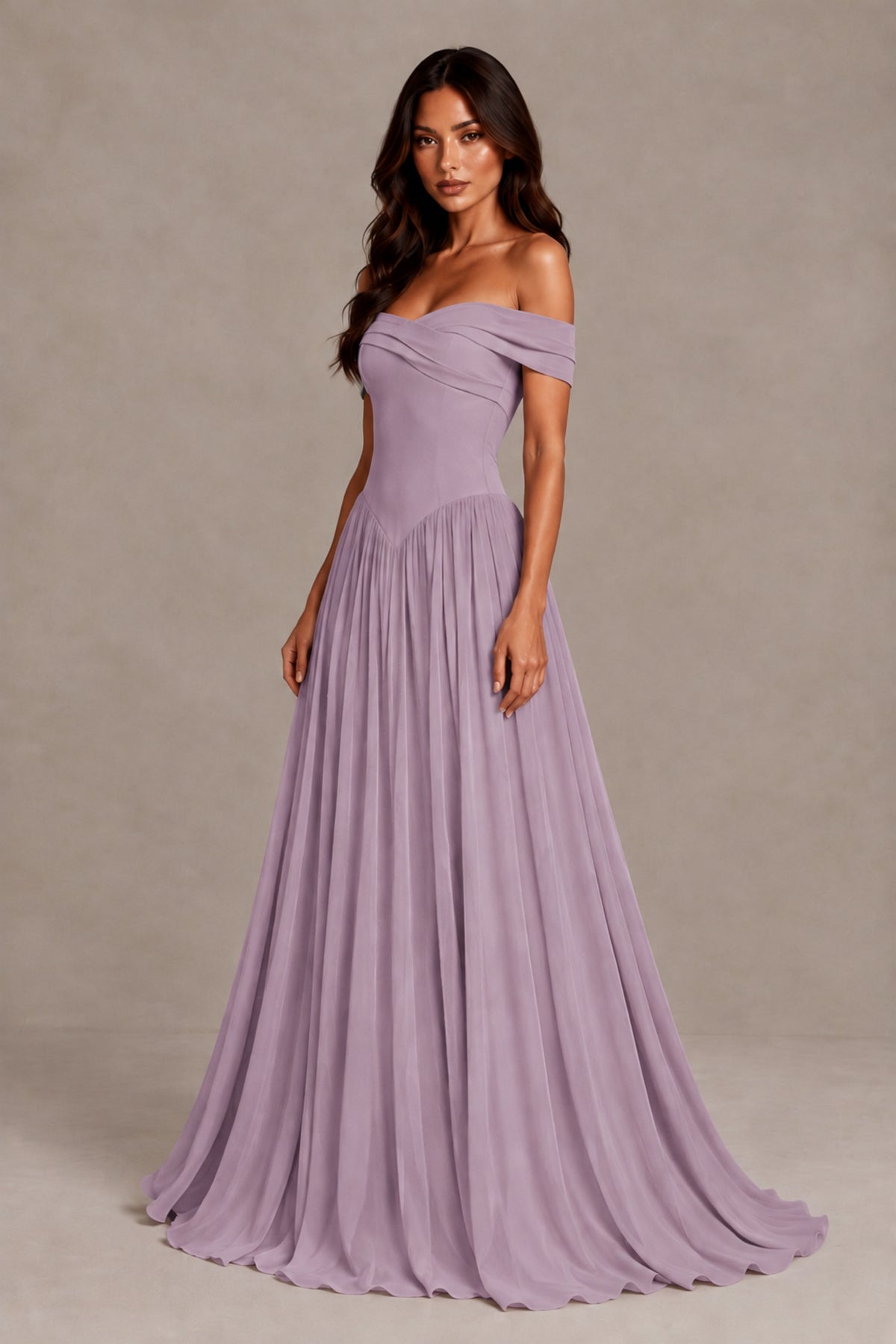 BOLODOO Dusty Purple Off-Shoulder Sweetheart Corset Pleated Chiffon Maxi Dress - Dusty Purple - Dusty Purple (3)