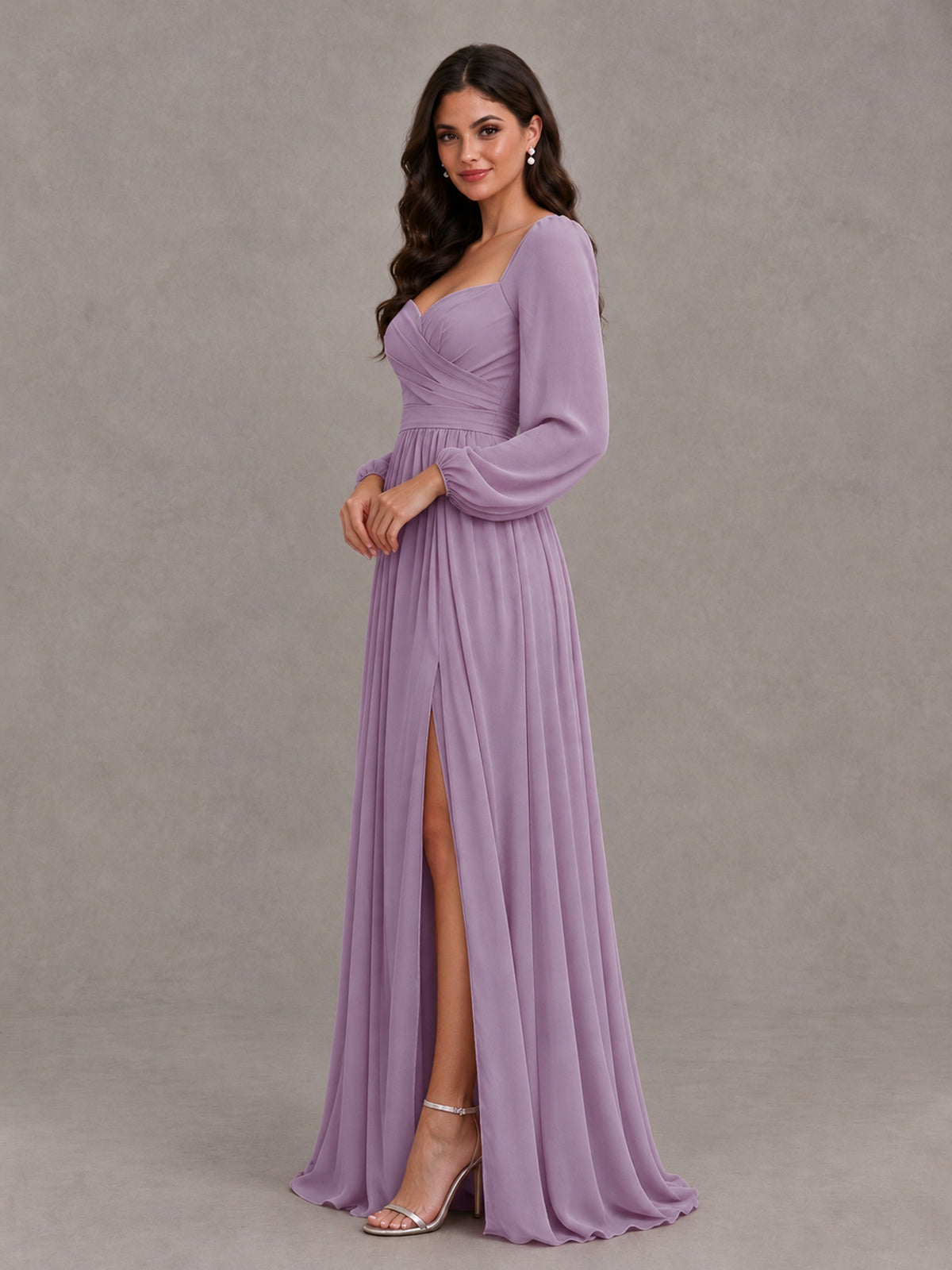 BOLODOO Dusty Purple Long Sleeve Chiffon Bridesmaid Dress with Slit - Dusty Purple - Dusty Purple (3)