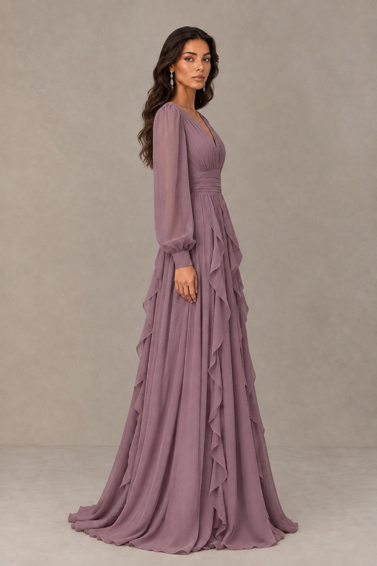 BOLODOO Dusty Purple Long Sleeve V-Neck Ruffle Maxi Dress - Dusty Purple - Dusty Purple (4)
