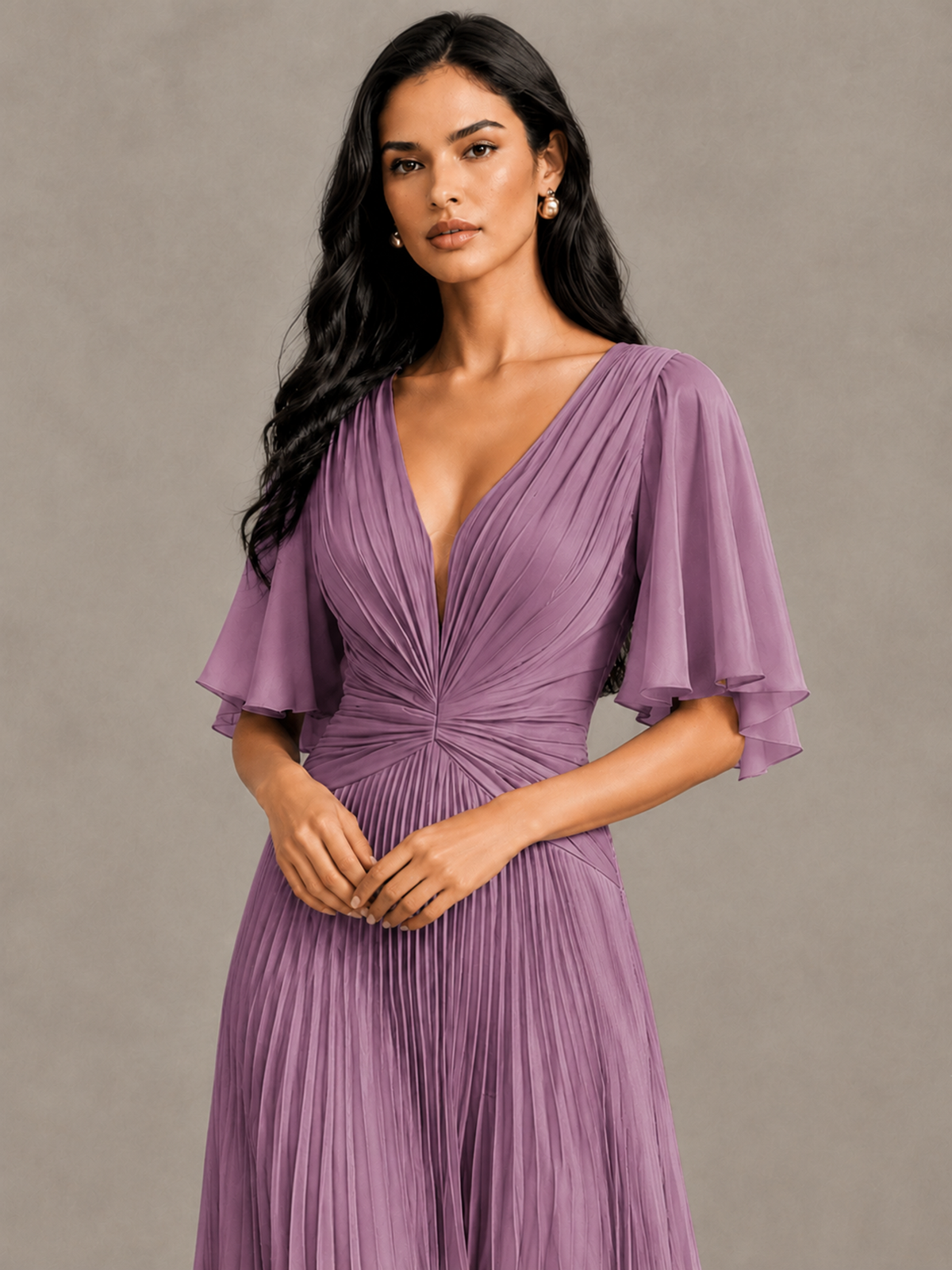 BOLODOO Dusty Purple Pleated V-Neck Flutter Sleeve Bridesmaid Dress - Dusty Purple - Dusty Purple (4)