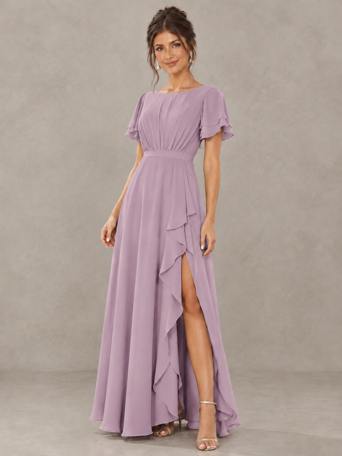 BOLODOO Dusty Purple Flutter Sleeve Ruffle Bridesmaid Dress with Slit - Dusty Purple - Dusty Purple (4)