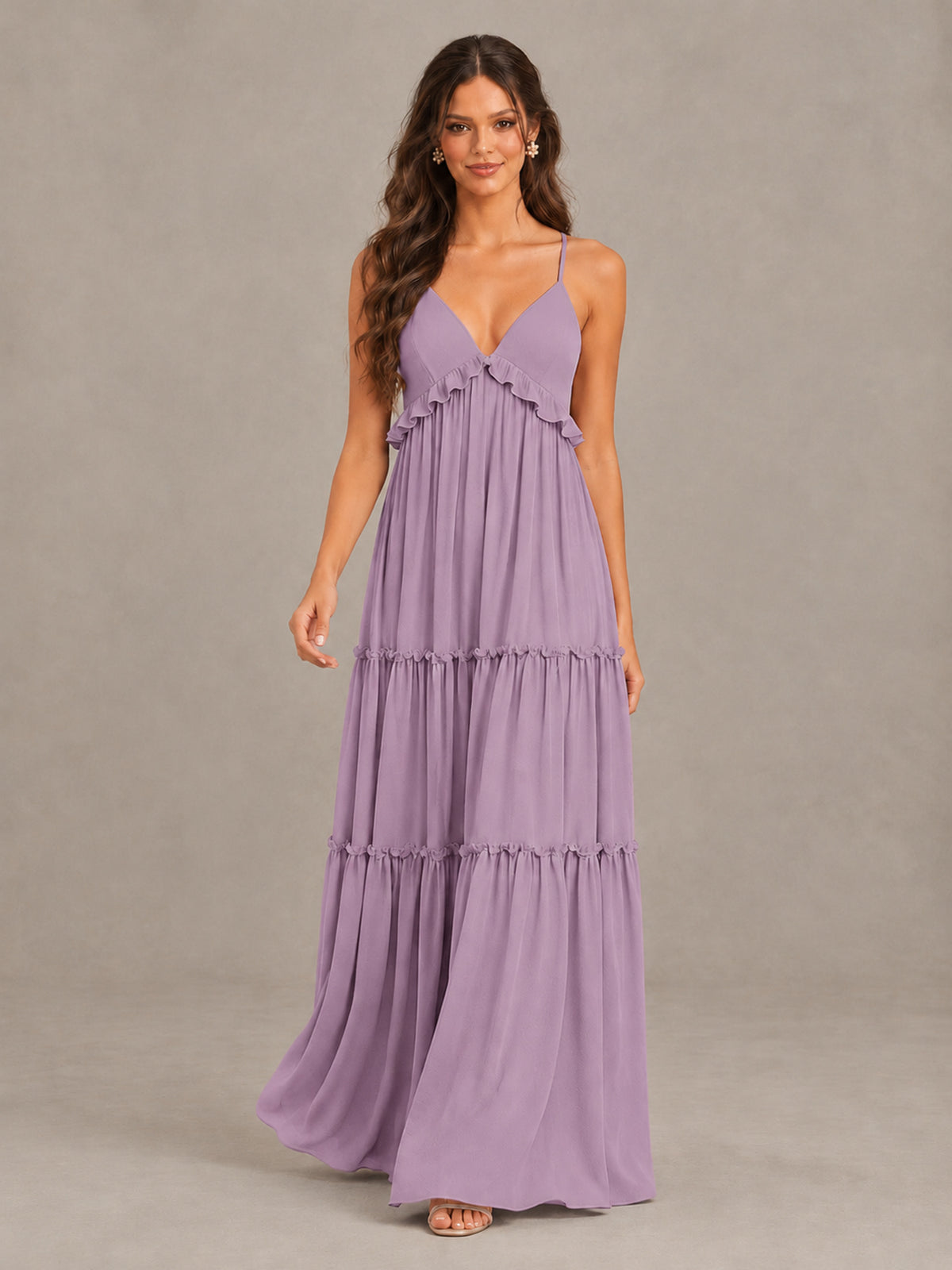 BOLODOO Dusty Purple Tiered V-Neck Lace-Up Back Bridesmaid Dress - Dusty Purple - Dusty Purple (4)