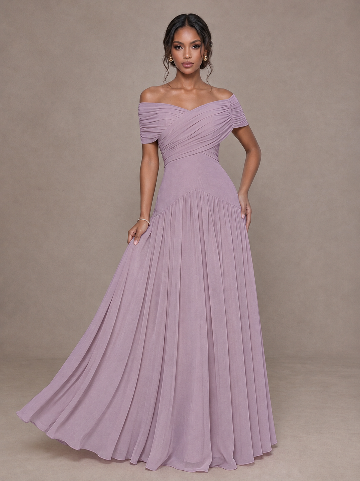 BOLODOO Dusty Purple Off-Shoulder Ruched A-Line Bridesmaid Dress - Dusty Purple - Dusty Purple (4)