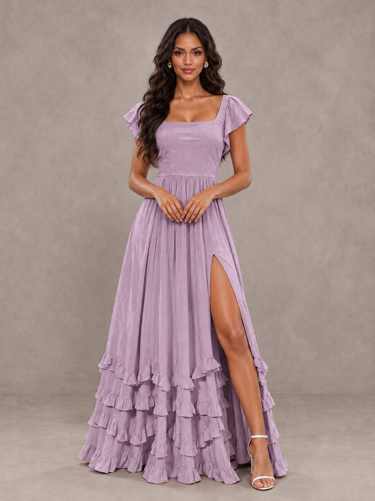 BOLODOO Dusty Purple Flutter Sleeve Ruffle Bridesmaid Dress with Slit - Dusty Purple - Dusty Purple (4)