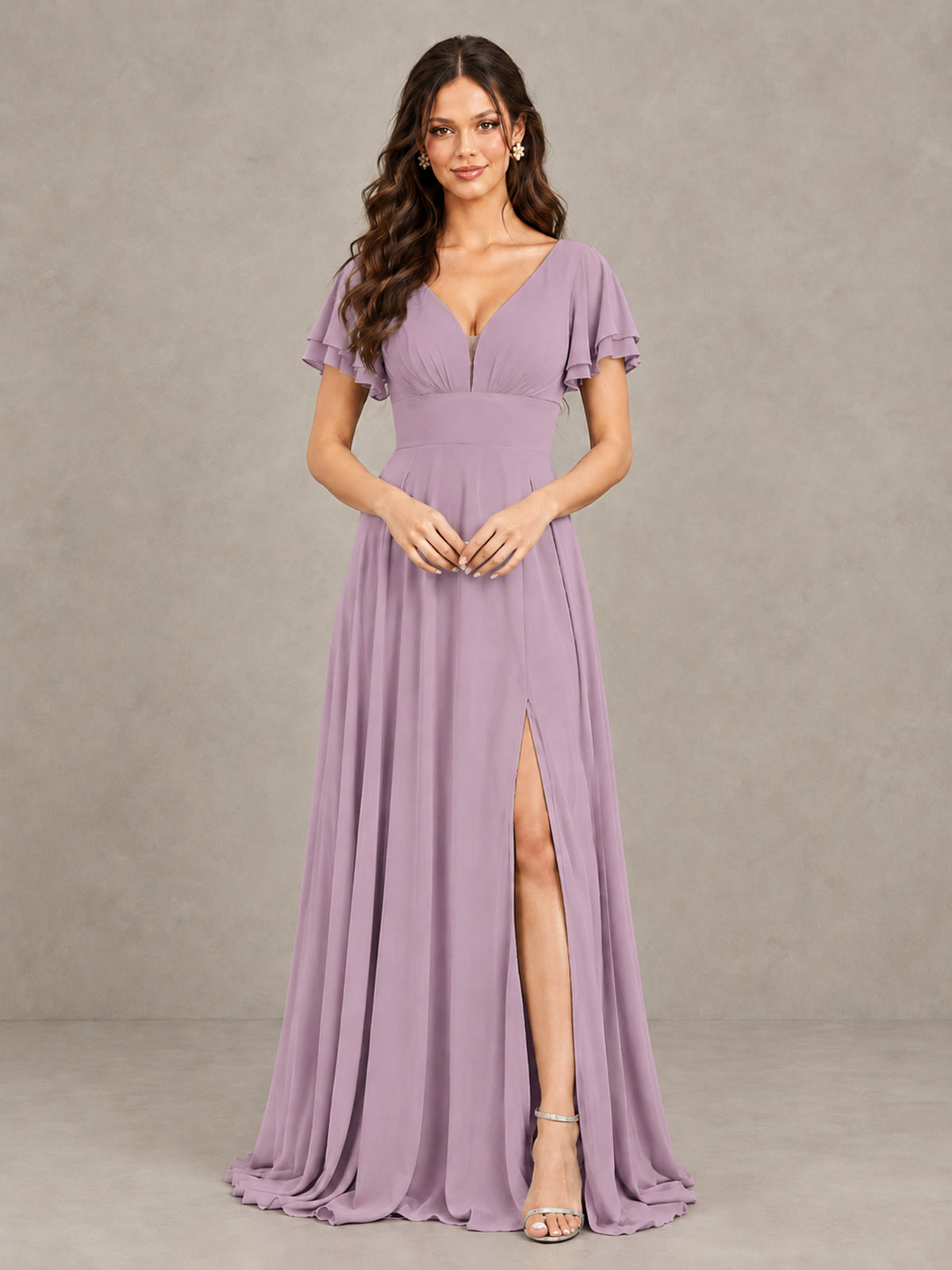BOLODOO Dusty Purple Flutter Sleeve Chiffon A-Line Maxi Bridesmaid Dress with Open Back & Slit - Dusty Purple - Dusty Purple (4)