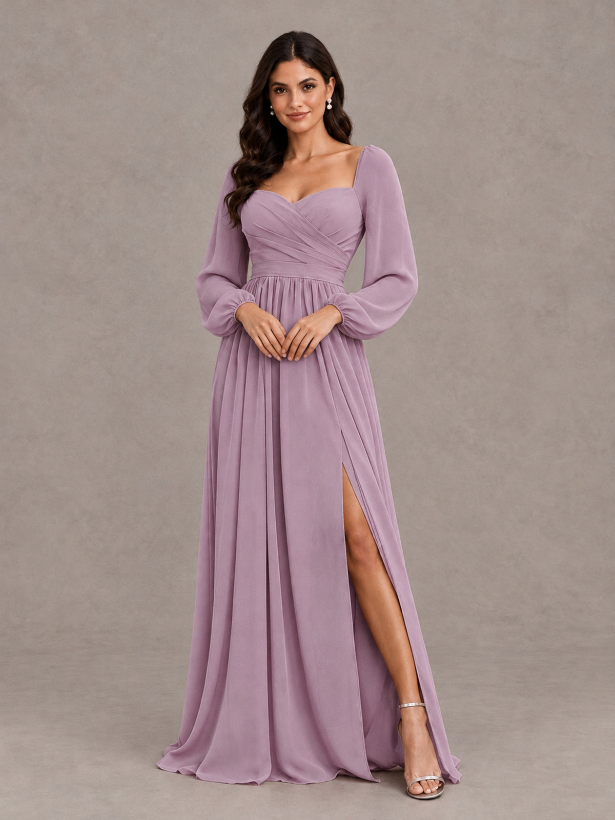 BOLODOO Dusty Purple Long Sleeve Chiffon Bridesmaid Dress with Slit - Dusty Purple - Dusty Purple (4)