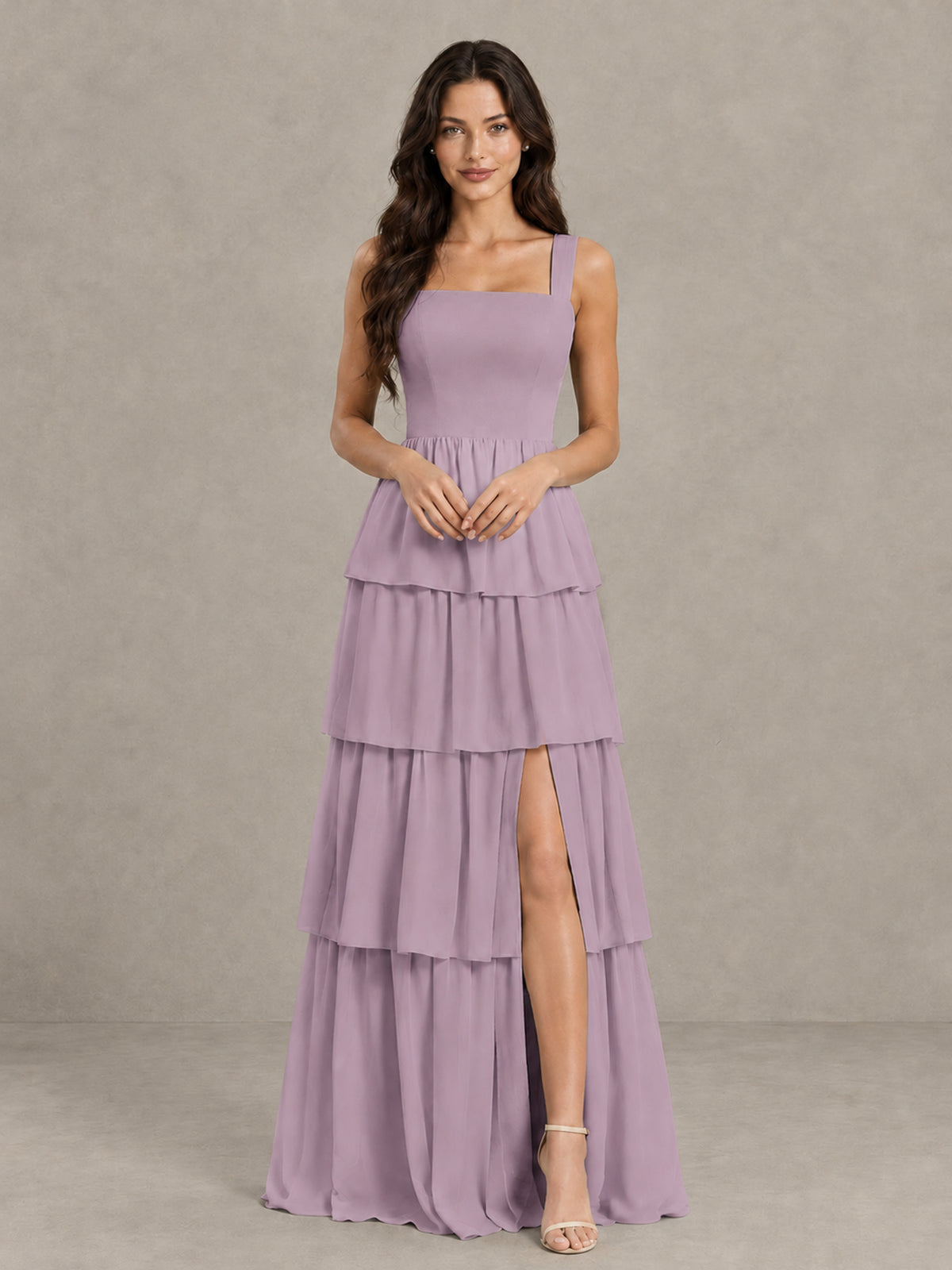 BOLODOO Dusty Purple Square Neck Tiered Bridesmaid Dress with Slit - Dusty Purple - Dusty Purple (4)
