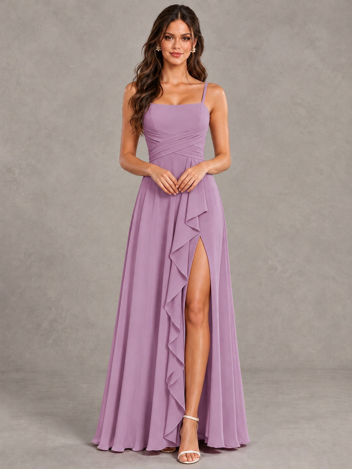 BOLODOO Dusty Purple Spaghetti Strap Ruffle Bridesmaid Dress with Slit - Dusty Purple - Dusty Purple (4)