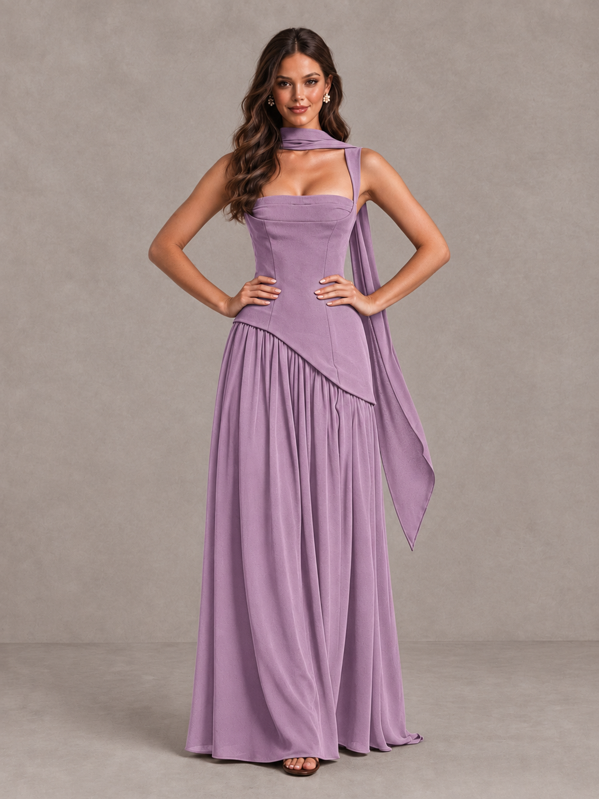 BOLODOO Dusty Purple Brown Scarf Bridesmaid Dress with Lace-Up Back - Dusty Purple - Dusty Purple (4)