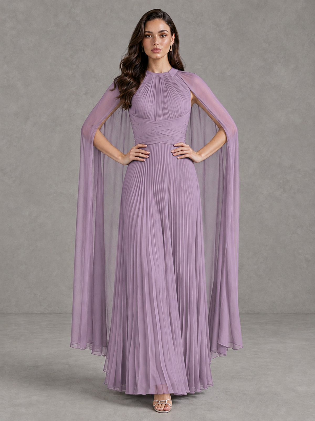 BOLODOO Dusty Purple Pleated Cape Maxi Wedding Guest Dress - Dusty Purple - Dusty Purple (4)