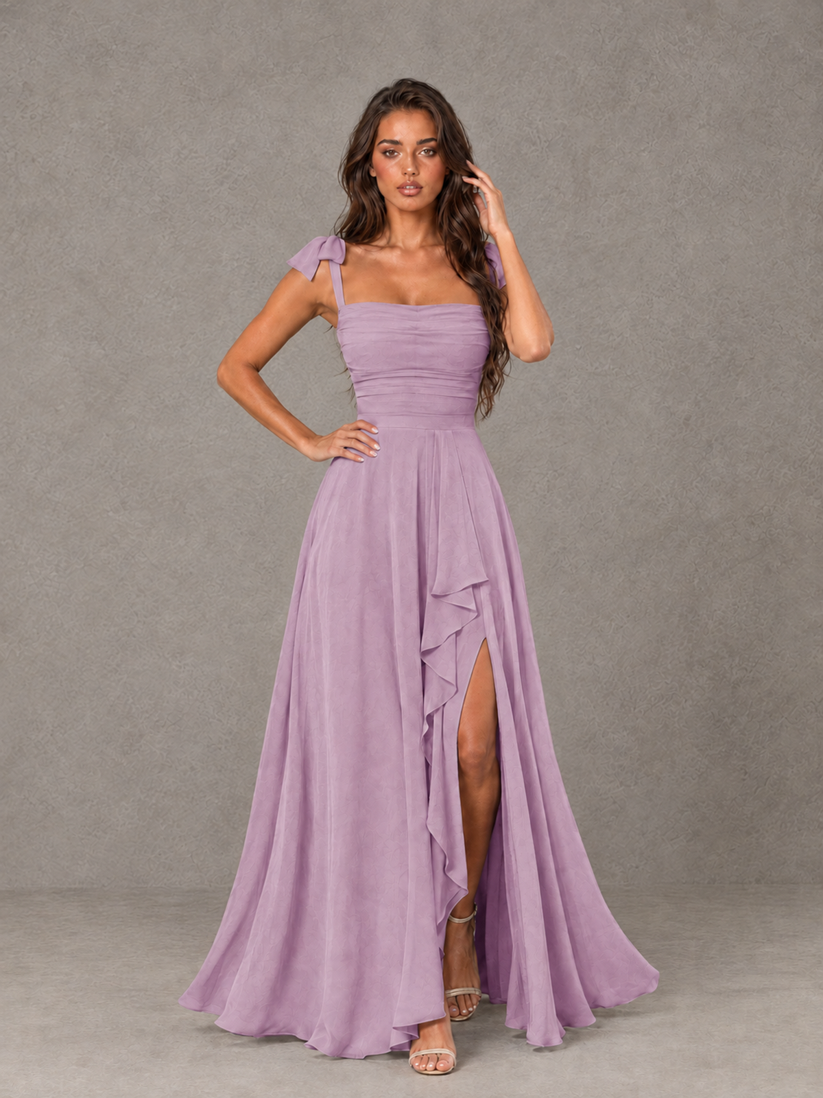 BOLODOO Dusty Purple Bow-Strap Bridesmaid Dress with Ruffle Slit - Dusty Purple - Dusty Purple (4)
