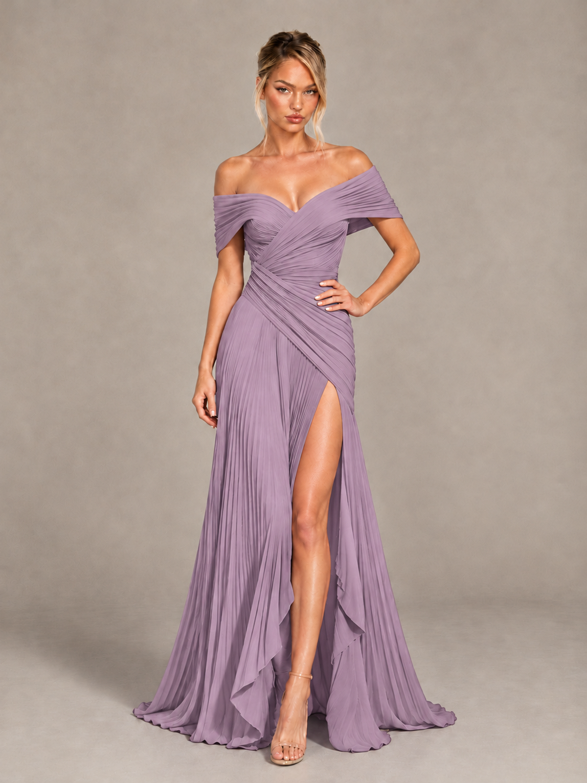 BOLODOO Dusty Purple Off-Shoulder Ruched Pleated Maxi Dress with High Slit - Dusty Purple - Dusty Purple (4)