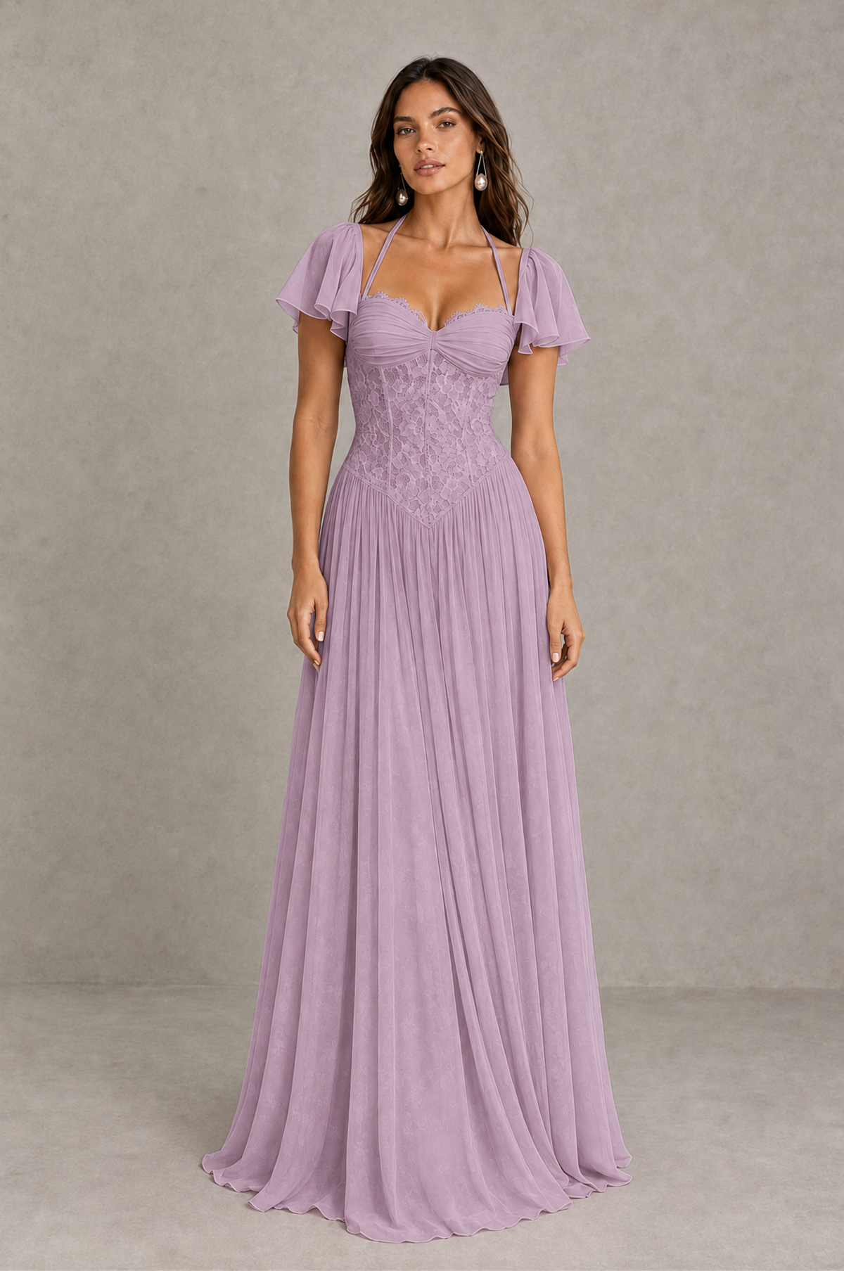 BOLODOO Dusty Purple Flutter Sleeve Lace Corset A-Line Maxi Dress 