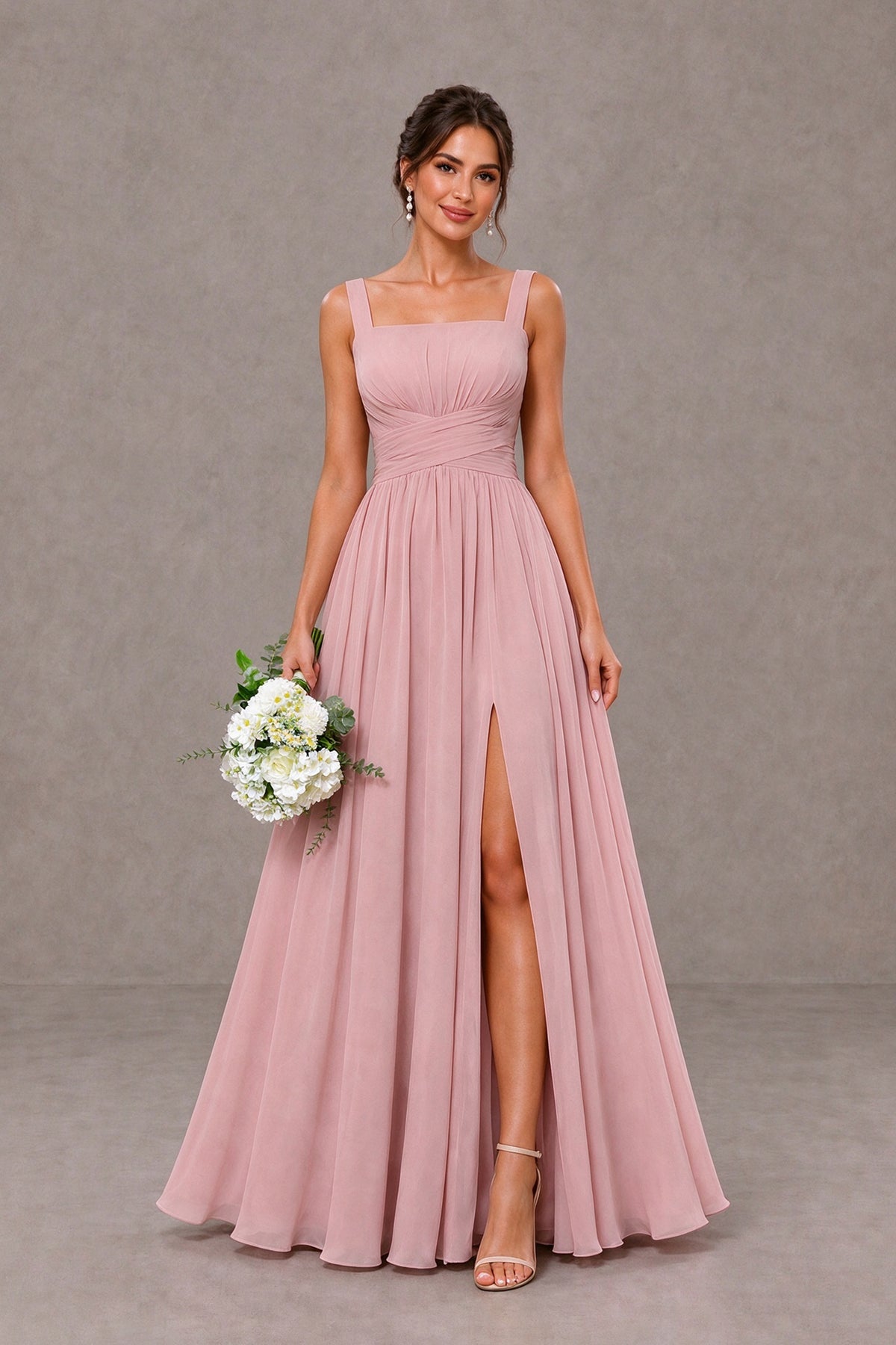 BOLODOO dusty rose square neck A-line bridesmaid dress with high front slit, full front view with bouquet