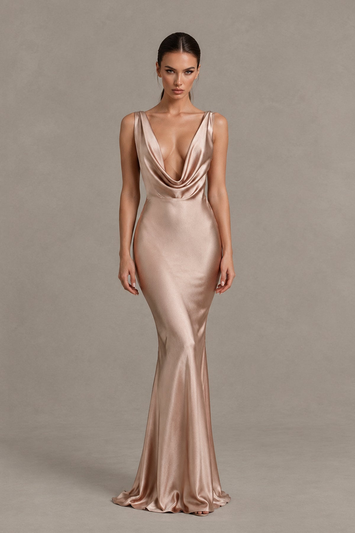 BOLODOO dusty rose satin-look mermaid evening dress with deep cowl neckline, front view