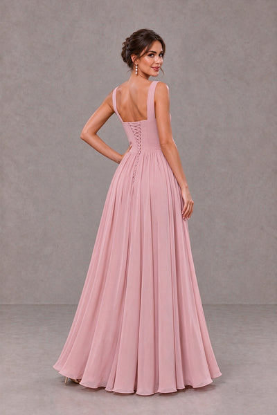Dusty rose bridesmaid gown with low square back and corset-style lace-up fastening, rear view