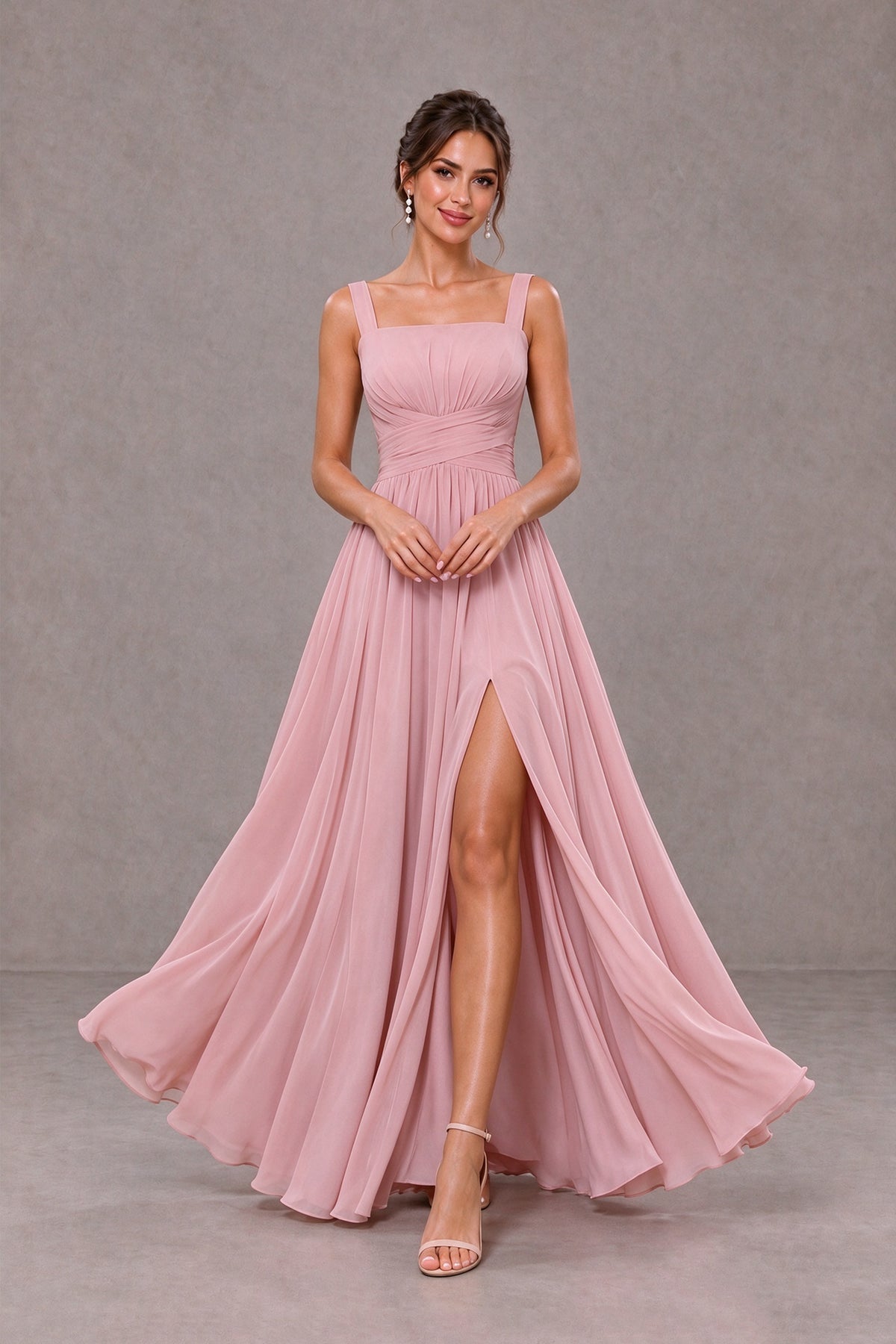 Dusty Rose Square Neck Bridesmaid Dress with Slit | BOLODOO