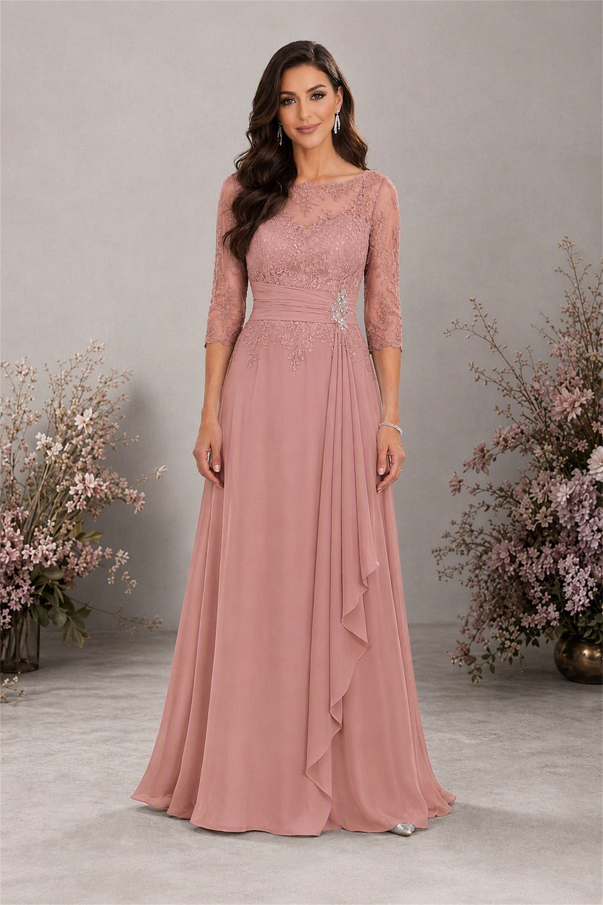 BOLODOO Dusty Rose Chiffon Lace 3/4 Sleeve Floor Length Formal Evening Gown - Dusty Rose