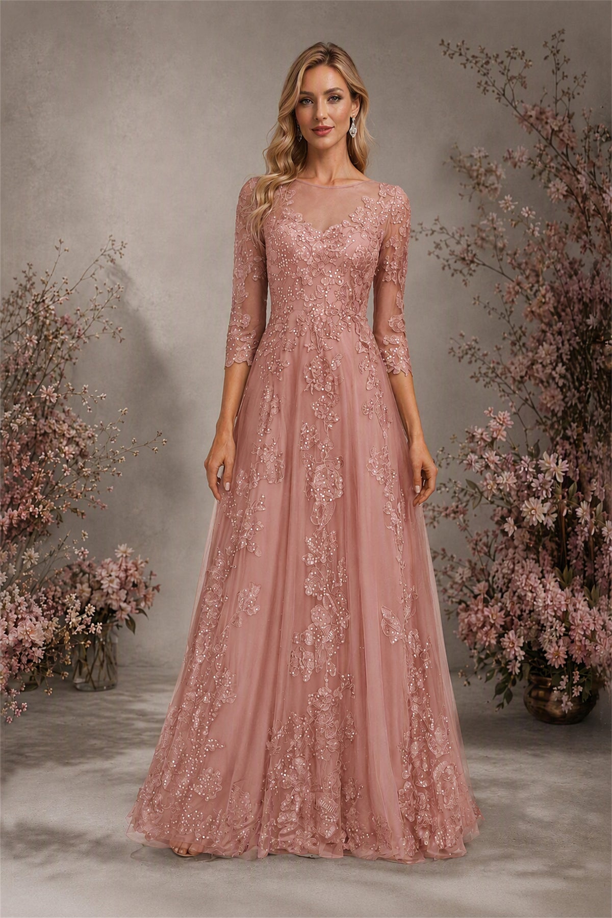 BOLODOO Dusty Rose Sequin Lace 3/4 Sleeve Open Back Formal Evening Gown - Dusty Rose