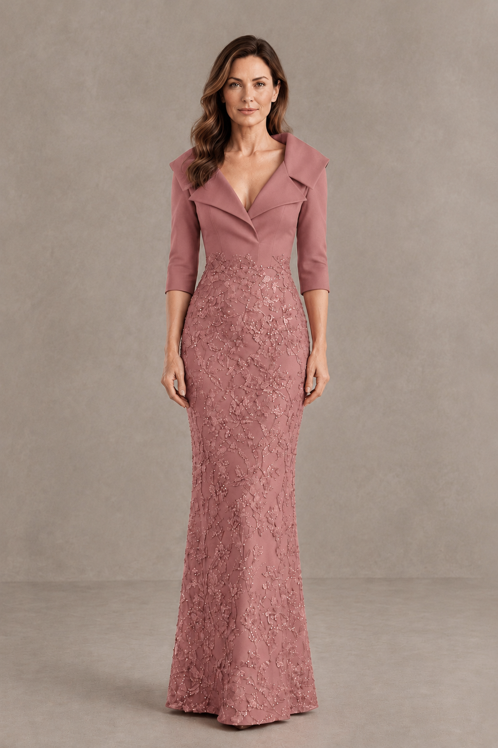 BOLODOO Dusty Rose Three-Quarter Sleeve Mermaid Evening Dress with Floral Detail - Dusty Rose - Dusty Rose_01