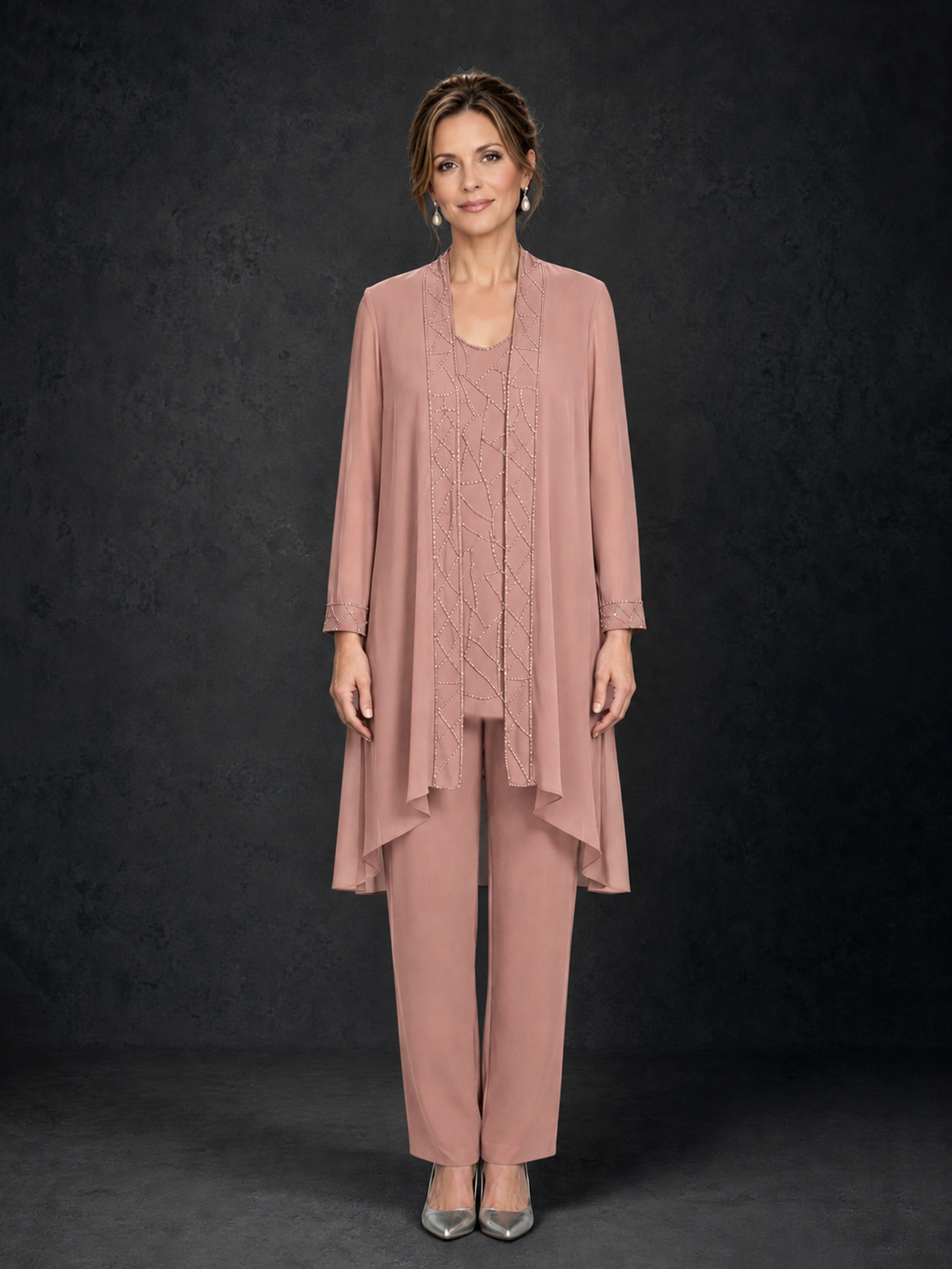 BOLODOO Dusty Rose 3-Piece Beaded Chiffon Duster Jacket Pant Suit - Dusty Rose - Dusty Rose_01