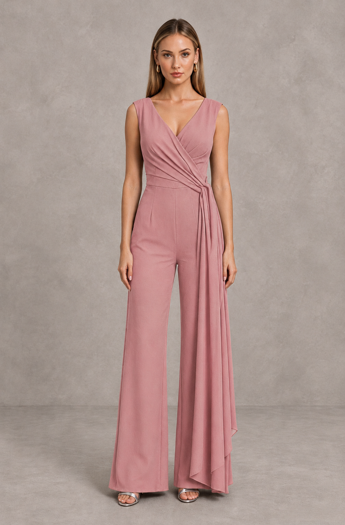 BOLODOO Dusty Rose Sleeveless V-Neck Wide-Leg Jumpsuit with Side Drape - Dusty Rose - Dusty Rose_01