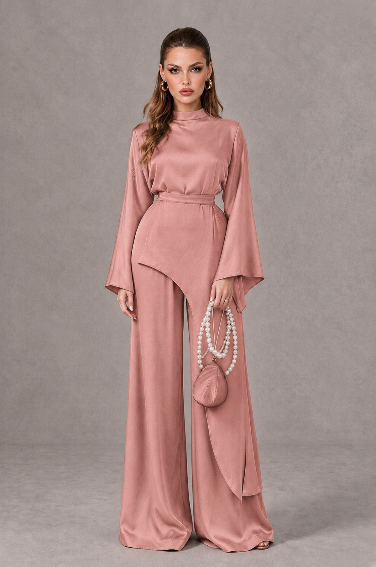 BOLODOO Dusty Rose Satin-Look Long Sleeve Wide-Leg Jumpsuit - Dusty Rose - Dusty Rose_01
