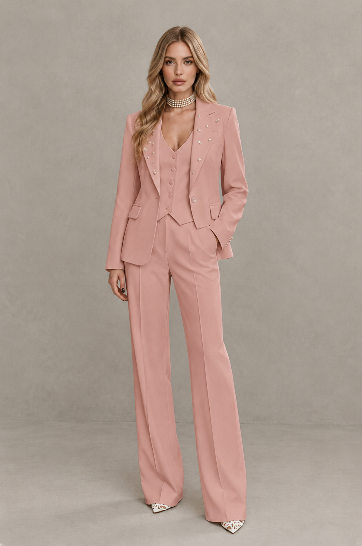 BOLODOO Dusty Rose Women's Three-Piece Pantsuit with Blazer & Vest - Dusty Rose - Dusty Rose_01