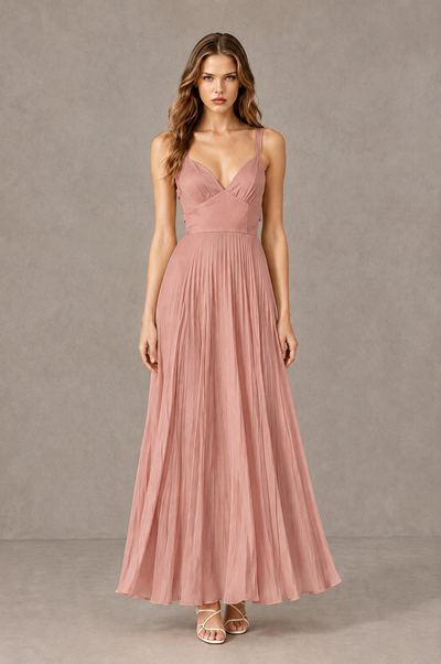 BOLODOO Dusty Rose V-Neck Pleated Open-Back Maxi Dress - Dusty Rose - Dusty Rose_01