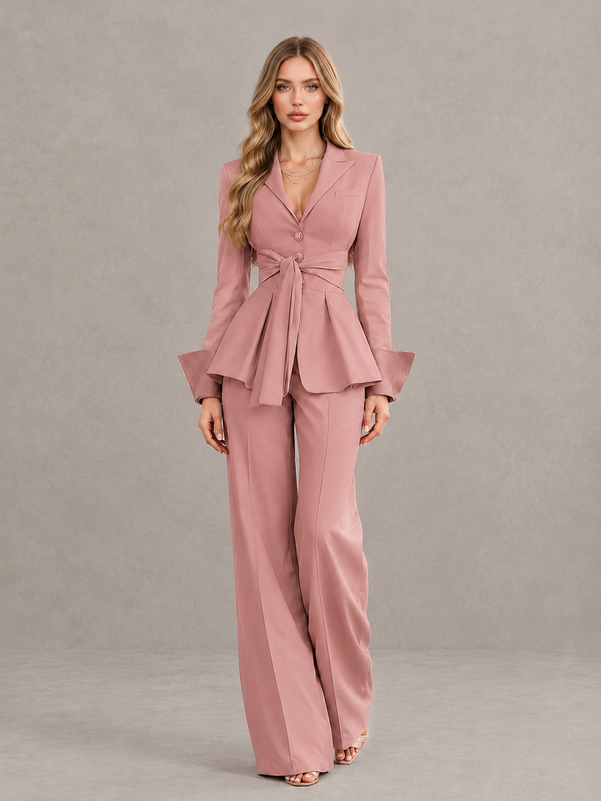 BOLODOO Dusty Rose Belted Peplum Pantsuit with Long Sleeves & Wide-Leg Trousers - Dusty Rose - Dusty Rose_01
