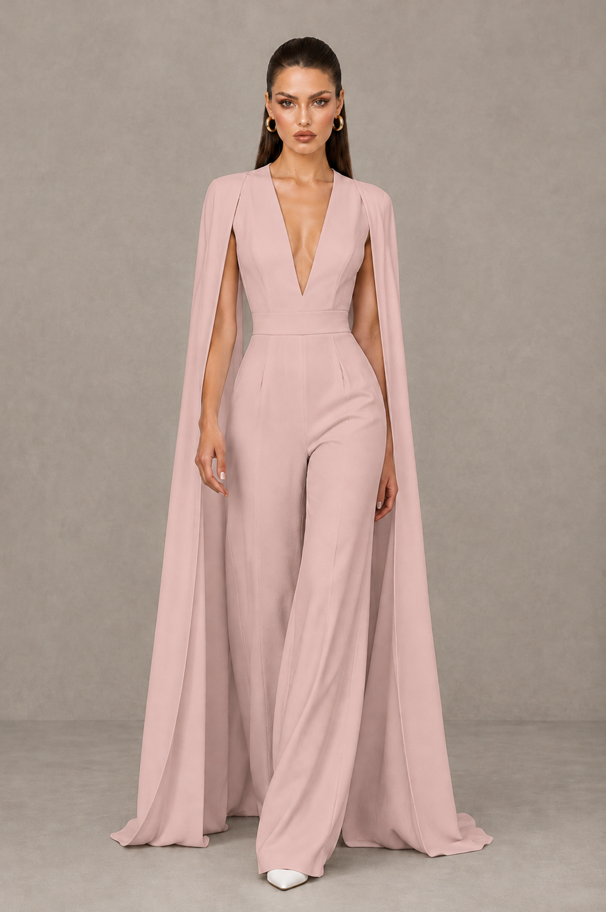 BOLODOO Dusty Rose Deep V-Neck Cape Sleeve Bridal Jumpsuit - Dusty Rose - Dusty Rose_01