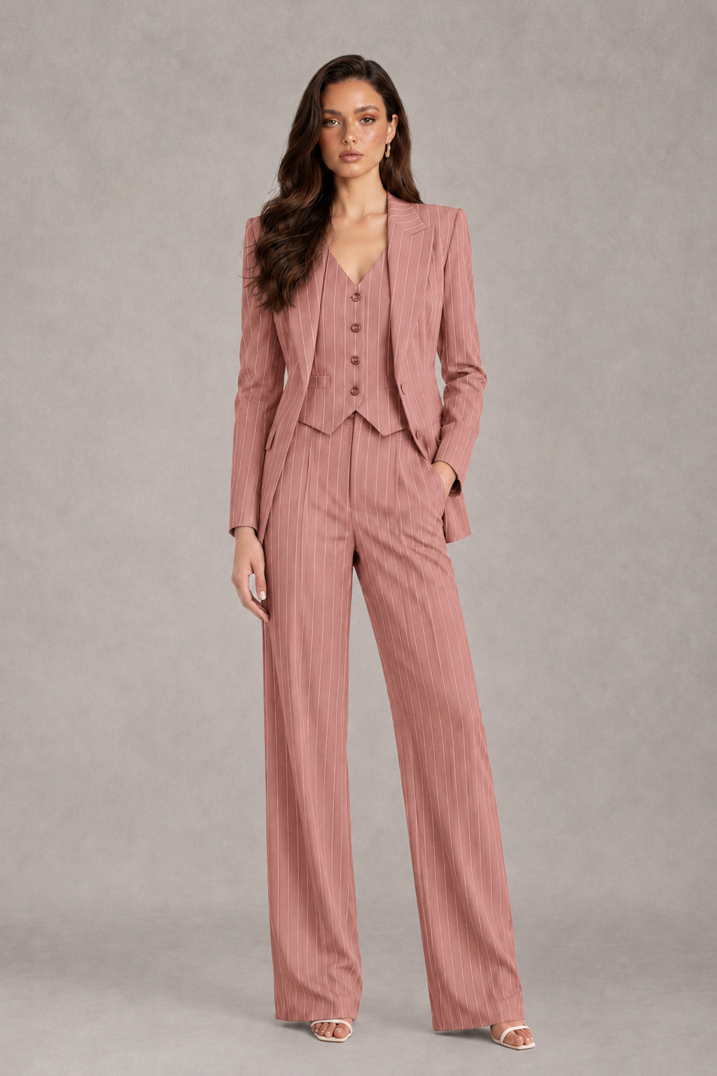 BOLODOO Women's Dusty Rose Pinstripe Three-Piece Pantsuit with Wide-Leg Trousers - Dusty Rose - Dusty Rose_01